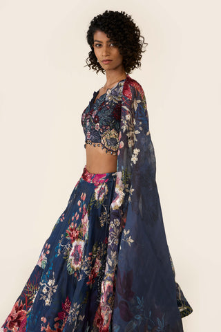 Blue Printed And Embroidered Lehenga Set by Varun Bahl available on Indiaspopup.com