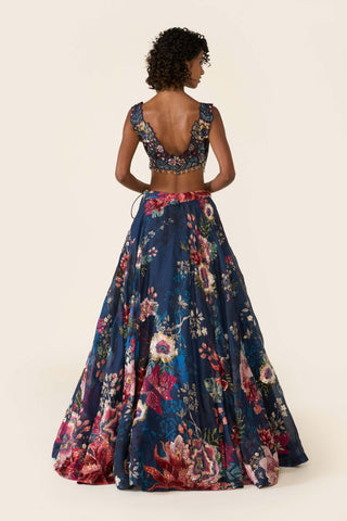Blue Printed And Embroidered Lehenga Set by Varun Bahl available on Indiaspopup.com
