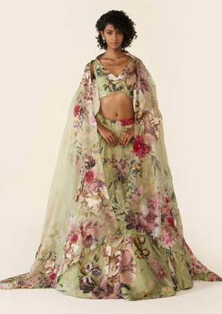 Green Floral Printed Lehenga Set by Varun Bahl available on Indiaspopup.com
