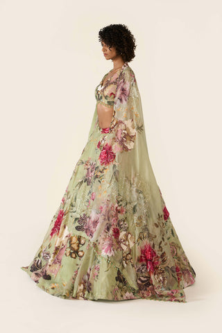 Green Floral Printed Lehenga Set by Varun Bahl available on Indiaspopup.com