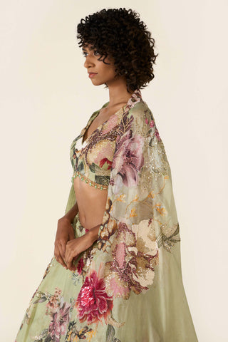Green Floral Printed Lehenga Set by Varun Bahl available on Indiaspopup.com
