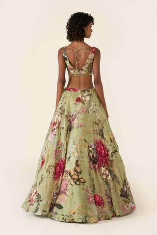 Green Floral Printed Lehenga Set by Varun Bahl available on Indiaspopup.com