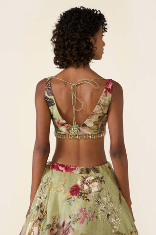 Green Floral Printed Lehenga Set by Varun Bahl available on Indiaspopup.com