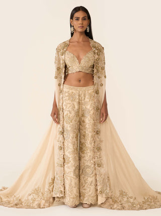 Golden Embroidered Cape And Palazzo Set by Varun Bahl available on Indiaspopup.com