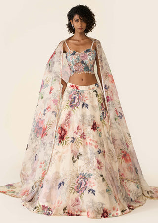 Ivory Floral Printed Lehenga Set by Varun Bahl available on Indiaspopup.com