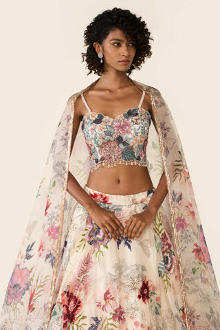 Ivory Floral Printed Lehenga Set by Varun Bahl available on Indiaspopup.com