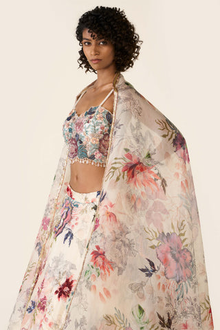Ivory Floral Printed Lehenga Set by Varun Bahl available on Indiaspopup.com