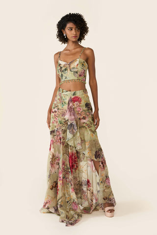 Green Printed Asymmetric Skirt And Cape Set by Varun Bahl available on Indiaspopup.com