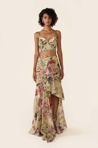 Green Printed Asymmetric Skirt And Cape Set by Varun Bahl available on Indiaspopup.com