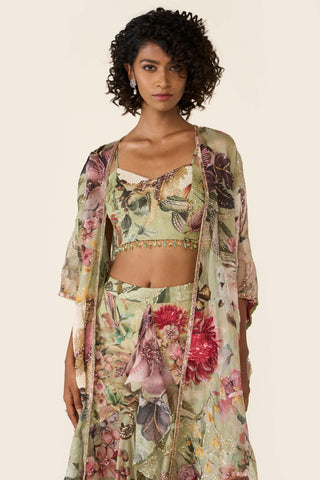 Green Printed Asymmetric Skirt And Cape Set by Varun Bahl available on Indiaspopup.com