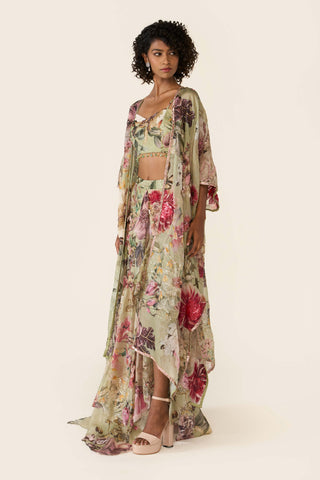 Green Printed Asymmetric Skirt And Cape Set by Varun Bahl available on Indiaspopup.com
