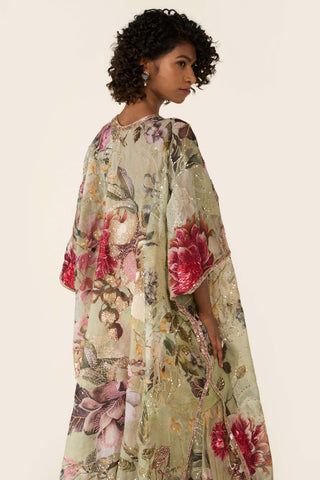 Green Printed Asymmetric Skirt And Cape Set by Varun Bahl available on Indiaspopup.com