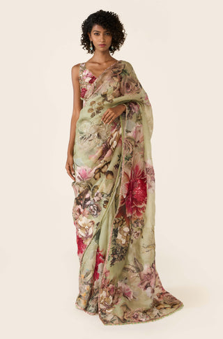 Green Printed Classic Sari Set by Varun Bahl available on Indiaspopup.com