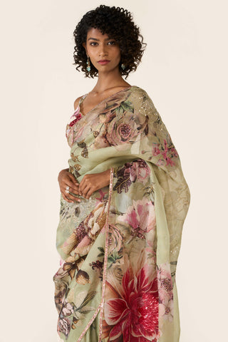 Green Printed Classic Sari Set by Varun Bahl available on Indiaspopup.com