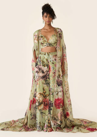 Green Printed Cape And Palazzo Set by Varun Bahl available on Indiaspopup.com