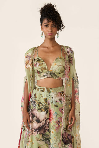 Green Printed Cape And Palazzo Set by Varun Bahl available on Indiaspopup.com
