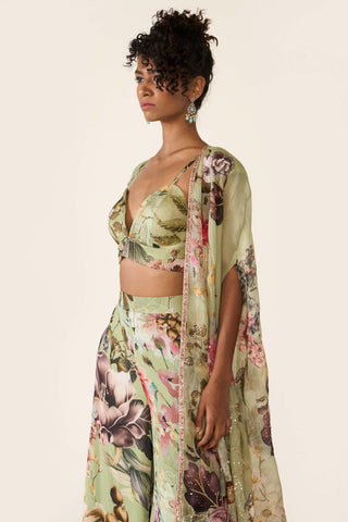Green Printed Cape And Palazzo Set by Varun Bahl available on Indiaspopup.com