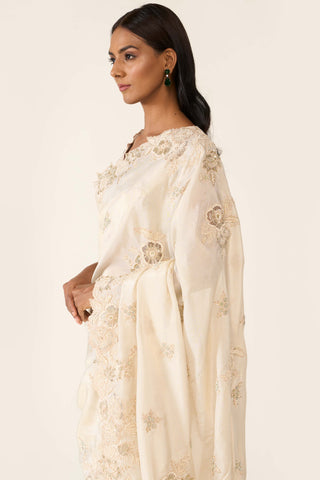 Ivory Embroidered Classic Sari Set by Varun Bahl available on Indiaspopup.com