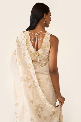 Ivory Embroidered Classic Sari Set by Varun Bahl available on Indiaspopup.com