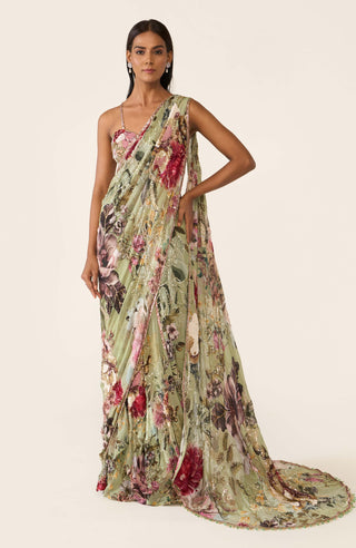Green Printed Concept Sari And Blouse by Varun Bahl available on Indiaspopup.com