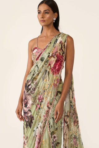 Green Printed Concept Sari And Blouse by Varun Bahl available on Indiaspopup.com