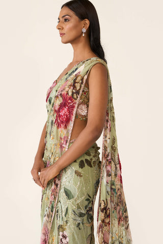 Green Printed Concept Sari And Blouse by Varun Bahl available on Indiaspopup.com