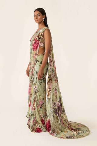 Green Printed Concept Sari And Blouse by Varun Bahl available on Indiaspopup.com