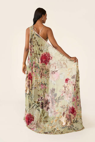 Green Printed Concept Sari And Blouse by Varun Bahl available on Indiaspopup.com