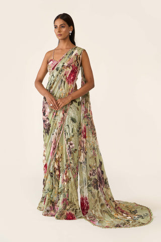Green Printed Concept Sari And Blouse by Varun Bahl available on Indiaspopup.com
