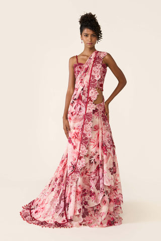 Pink Printed Concept Sari And Blouse by Varun Bahl available on Indiaspopup.com