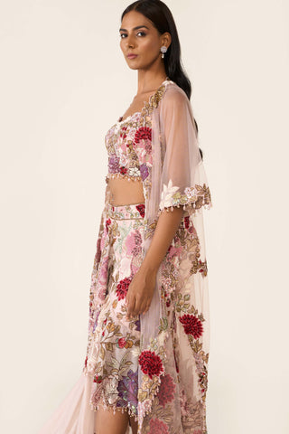 Pink Embroidered Asymmetric Skirt And Cape Set by Varun Bahl available on Indiaspopup.com