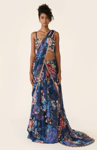 Blue Printed Concept Sari And Blouse by Varun Bahl available on Indiaspopup.com