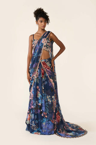 Blue Printed Concept Sari And Blouse by Varun Bahl available on Indiaspopup.com