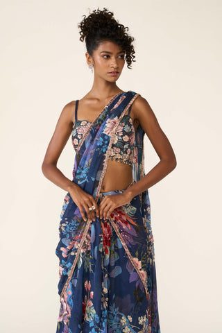Blue Printed Concept Sari And Blouse by Varun Bahl available on Indiaspopup.com