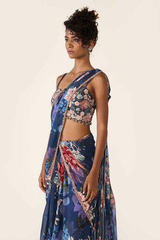 Blue Printed Concept Sari And Blouse by Varun Bahl available on Indiaspopup.com