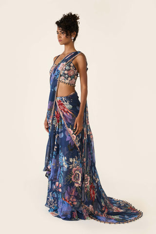 Blue Printed Concept Sari And Blouse by Varun Bahl available on Indiaspopup.com