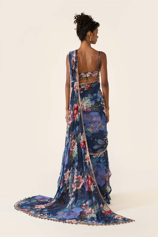 Blue Printed Concept Sari And Blouse by Varun Bahl available on Indiaspopup.com