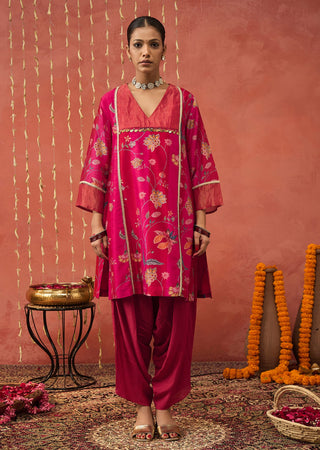 Red Rati Chintz Chanderi Short Kurta And Dhoti by Shivani Bhargava available on Indiaspopup.com