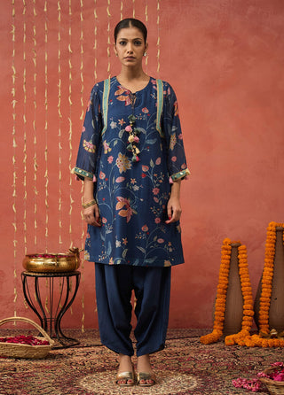 Blue Vadhu Chintz Short Kurta And Dhoti by Shivani Bhargava available on Indiaspopup.com