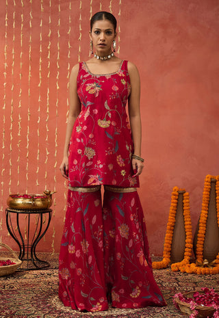 Red Diyac Chintz Embroidered Short Kurta And Sharara Set by Shivani Bhargava available on Indiaspopup.com