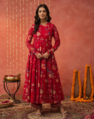 Red Kalyani Chintz Anarkali Set by Shivani Bhargava available on Indiaspopup.com