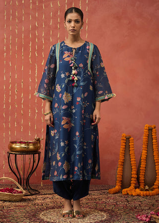 Blue Ramani Chintz Long Kurta Set by Shivani Bhargava available on Indiaspopup.com