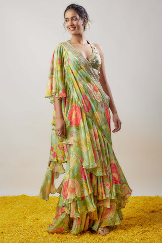 Disha Mint Green Ruffle Sari And Blouse by Gopi Vaid available on Indiaspopup