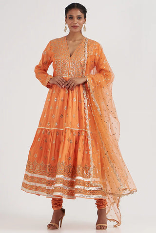 Gopi Vaid-Suhana Orange Tiered Anarkali Set-INDIASPOPUP.COM