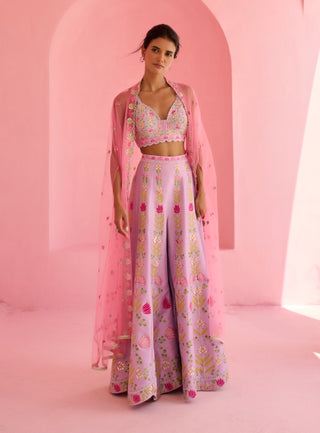 Lavender and pink ghazal flared pant and cape set