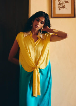 Pinacolada Yellow Blue Knot Dress by Studio Rigu available on Indiaspopup.com