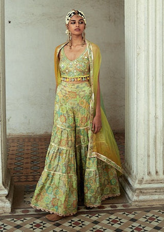 Gopi Vaid-Barkha Green Sharara And Cape Set-INDIASPOPUP.COM