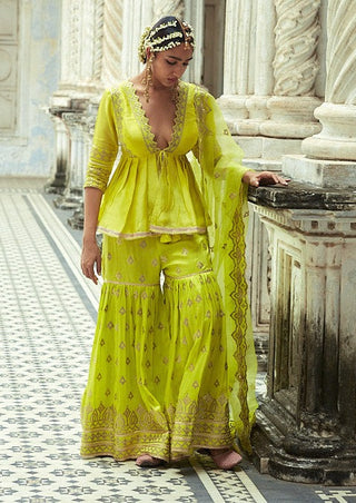 Gopi Vaid-Bousni Lime Green Gharara Set-INDIASPOPUP.COM