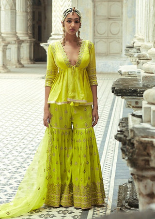 Gopi Vaid-Bousni Lime Green Gharara Set-INDIASPOPUP.COM