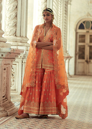 Gopi Vaid-Rakhi Orange Kurta And Sharara Set-INDIASPOPUP.COM